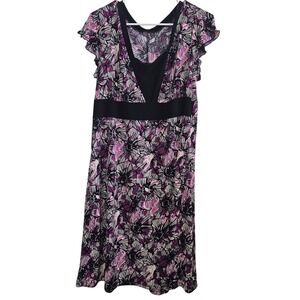 Perception Women Purple‎ Floral Empire Waist Flutter Sleeve Midi Dress